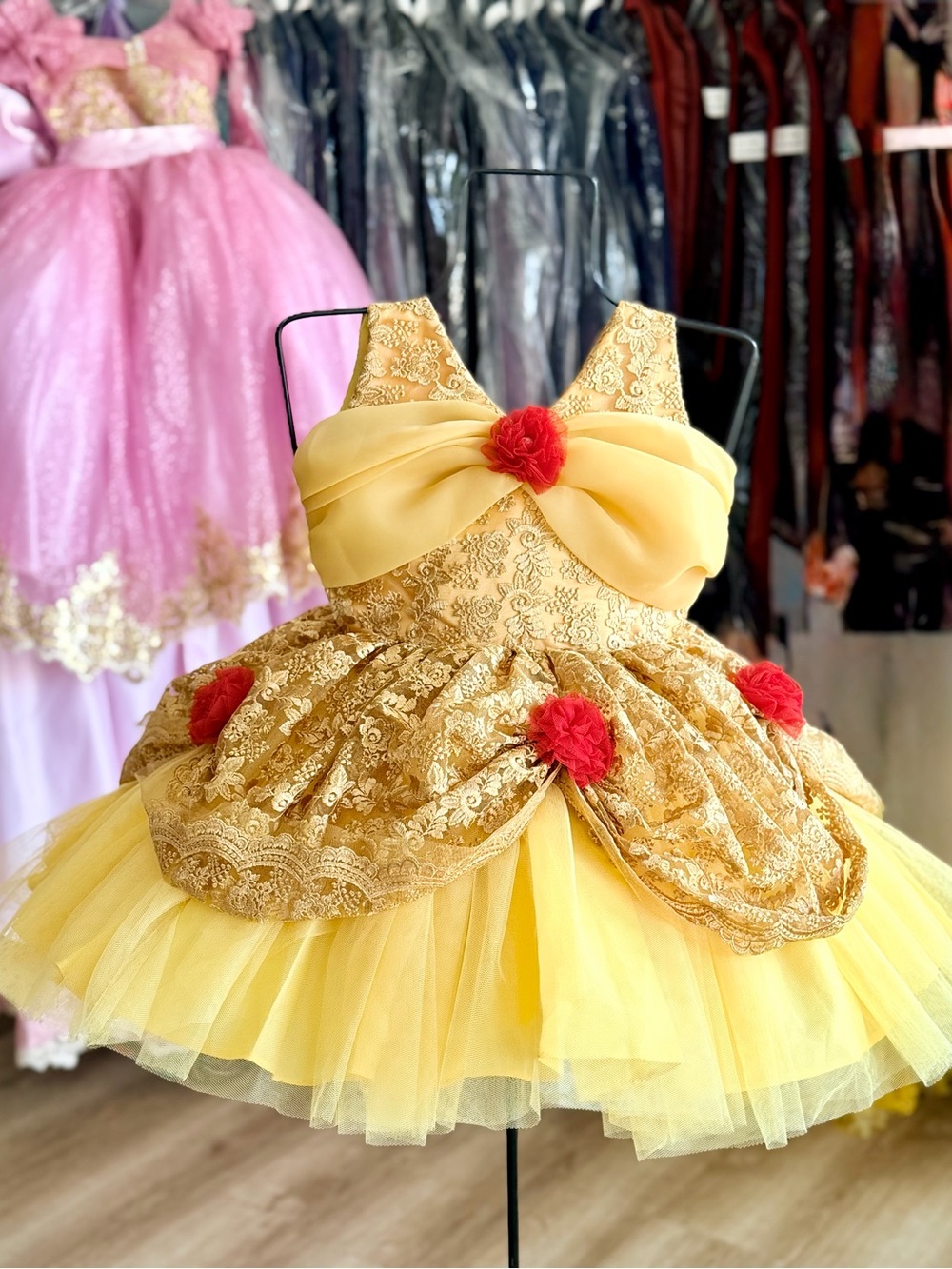 New Girls Yellow Lace & Tulle Formal Dress with Red Floral Accents